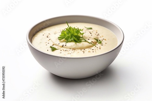 Delicious bowl of vegetable cream soup isolated on white background, top view