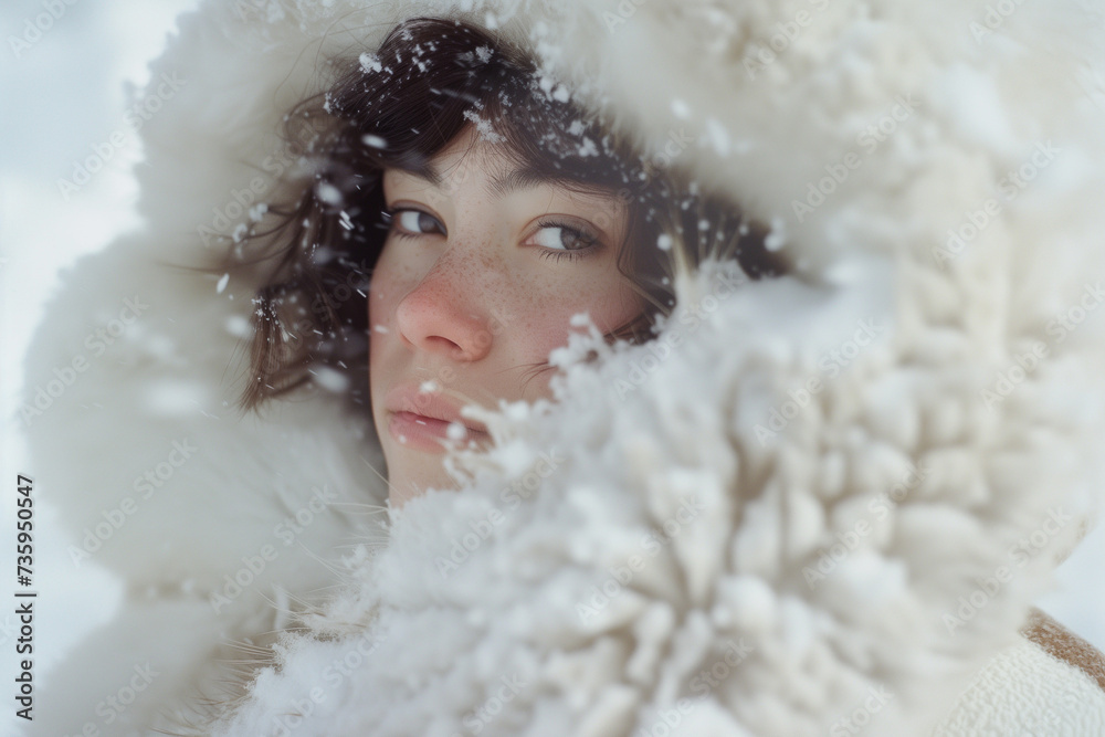 Winter Portrait of a Young Woman in Snowfall Winter Portrait of a Young Woman in Snowfall