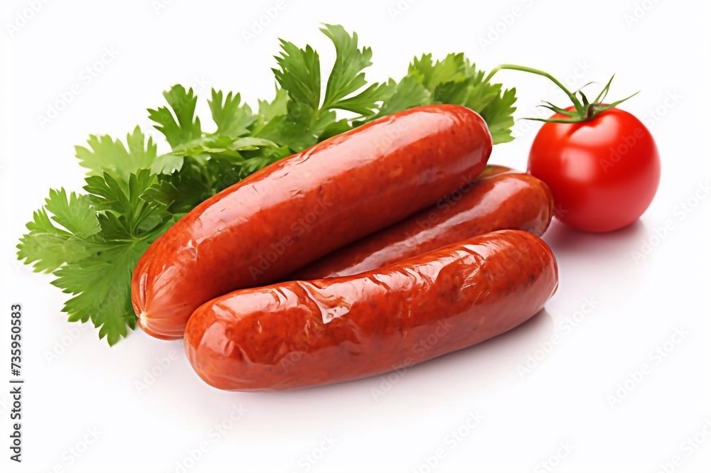 Tasty chicken sausages and tomatoes isolated on white background Tasty chicken sausages and tomatoes isolated on white background