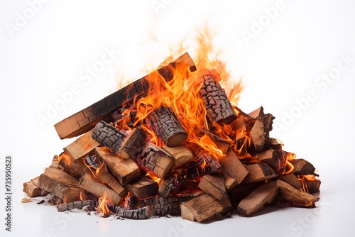 Use of fire. Bonfire isolated on white background. Close-up of a pile of firewood burning with orange and yellow flames