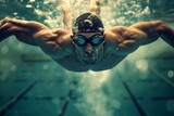 Muscular young swimmer in black cap in swimming pool