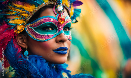 portrait of a woman in a mask at the Brazilian carnival. Selective focus.