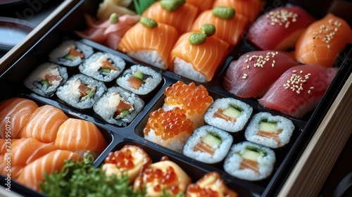 A Japanese bento box filled with an assortment of sushi, sashimi and other delicious bites. Generative AI.