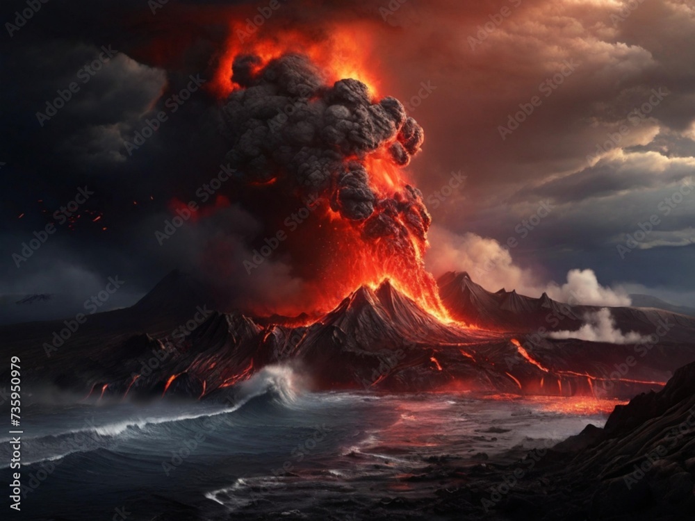 high quality, highly detailed, volcanic eruption, dark sky, volcanic ash, fiery red lava, violent eruption wave