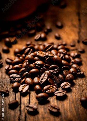 coffee and coffee beans on the table. Selective focus.