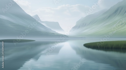 calming rhythms, serene mountain landscape reflected in calm lake waters at dawn, misty and peaceful soft light photo