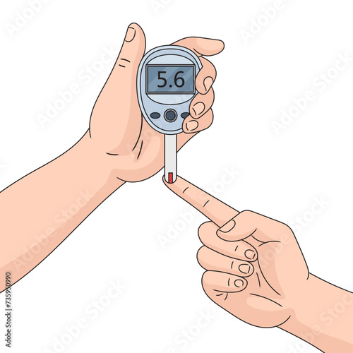 Human hands with glucose meter blood test glucometer medical device hand drawn schematic vector illustration. Medical science educational illustration photo