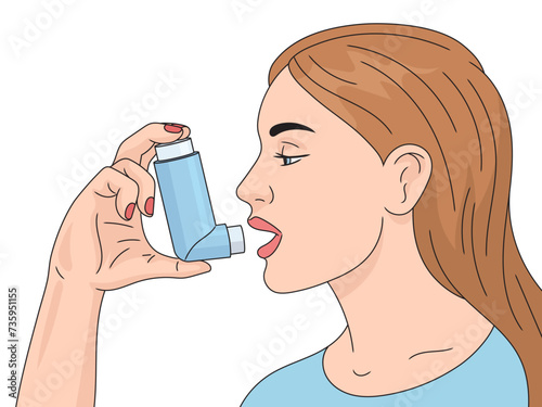 Young woman uses inhaler puffer asthma pump or allergy spray medical device hand drawn schematic vector illustration. Medical science educational illustration