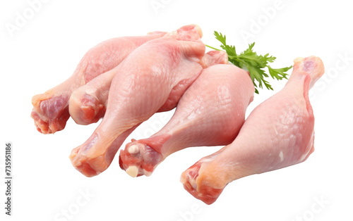 Three Raw Chicken Legs With Parsley. Three uncooked chicken legs, accompanied by fresh parsley, arranged on a plain Transparent surface.