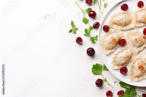 Delicious dumplings with cherries, Pierogi, varenyky, vareniki, pyrohy on a light background, banner, menu, recipe place for text, top view