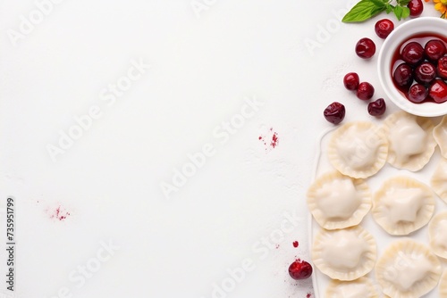 Delicious dumplings with cherries, Pierogi, varenyky, vareniki, pyrohy on a light background, banner, menu, recipe place for text, top view