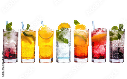 A Row of Glasses Filled With Different Types of Drinks. A lineup of various drinks in glasses is displayed on a table, showcasing a diverse selection of beverages.