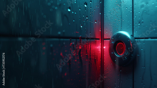 Futuristic Surveillance Camera with Red Light in Rainy Setting, Protecting information and data through encryption