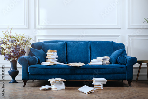 Obraz na płótnie Sofa with piles of books in a classic interior w salonie