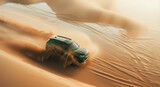 Luxury SUV Powering Through Vast Desert Dunes at Sunset, off-road travel concept