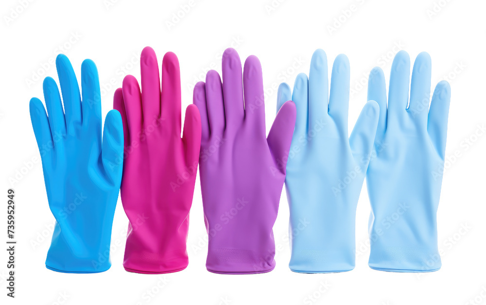 Fototapeta premium Colorful rubber gloves PNG, household cleaning gloves in blue pink purple. Protective kitchen and dishwashing gloves isolated on Transparent Background