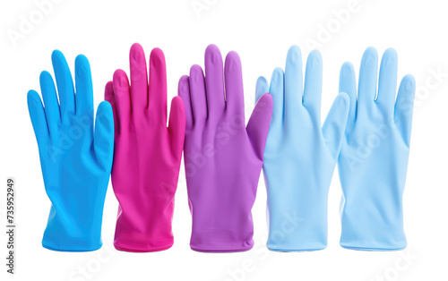 Set of Five Pairs of Blue, Pink, and Purple Gloves. A photograph showcasing a collection of five pairs of gloves in the colors blue, pink, and purple.