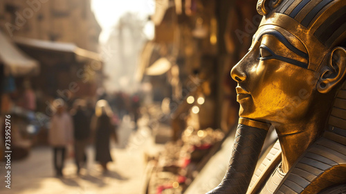 Golden Pharaoh Statue Overlooking Bustling Market Street by Generative AI photo