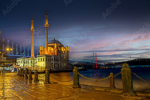 Ortaköy Mosque, formally  name the Buyuk Mecidiye Camii in Beşiktaş, Istanbul, Turkey, situated at the waterside of the Ortaköy pier square, one of the most popular locations on the Bosphorus.