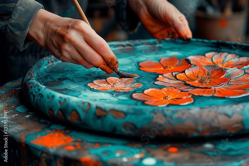 Ceramic artist painting intricate designs on a greenware piece, emphasizing meticulous attention to detail in decorative process