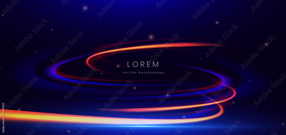 Obraz premium Abstract futuristic curved glowing neon blue and orange light ray on dark blue background with lighting effect.