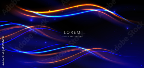 Abstract technology futuristic curved glowing neon blue and orange light ray on dark blue background with lighting effect.