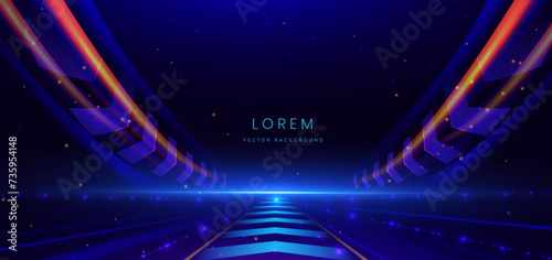 Abstract futuristic glowing neon blue and orange light ray with speed motion movingon dark blue background.