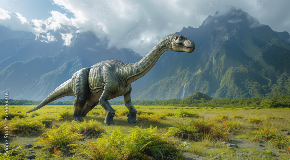 Fototapeta premium Solitary Apatosaurus standing in a grassy plain with dramatic mountains and cloudy sky, ai generated