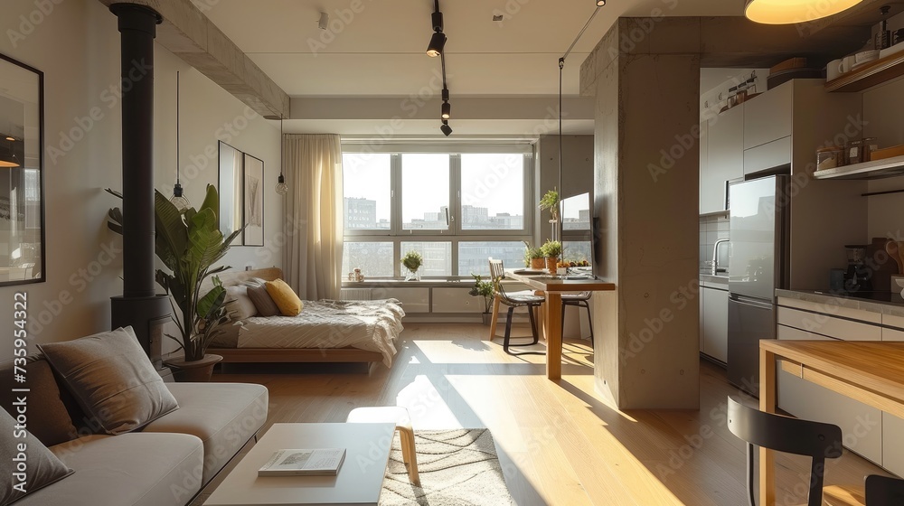 Interior of a studio apartment for rent. Generative AI. Interior of a studio apartment for rent. Generative AI.