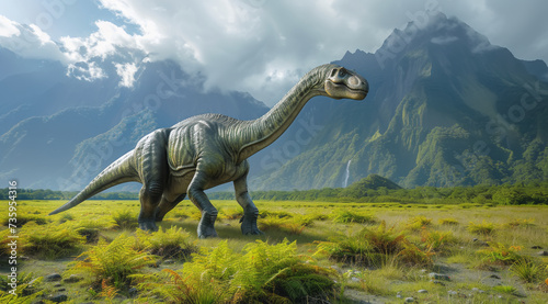 Solitary Apatosaurus standing in a grassy plain with dramatic mountains and cloudy sky, ai generated © Rajesh