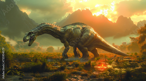 Spinosaurus silhouette against a tropical backdrop and a vivid sunset over mountains, ai generated © Rajesh
