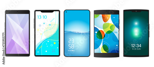 新作スマホのラインナップ、スマートフォンのサンプル比較画像、いろいろな形の携帯電話機種のコレクション、透明な背景のベクターイラスト素材
