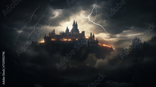 Great castle in the dark with strong rays and lightning