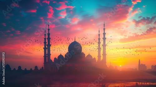 Minarets silhouetted at sunset: a beautiful view of Islamic architecture and culture