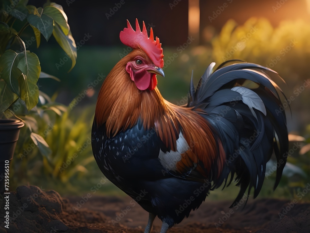 Beautiful rooster in the farm. Generative AI