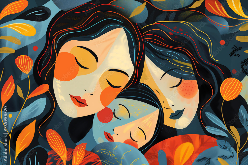 abstract graphic illustration of a mother with her children. abstract graphic illustration of a mother with her children.