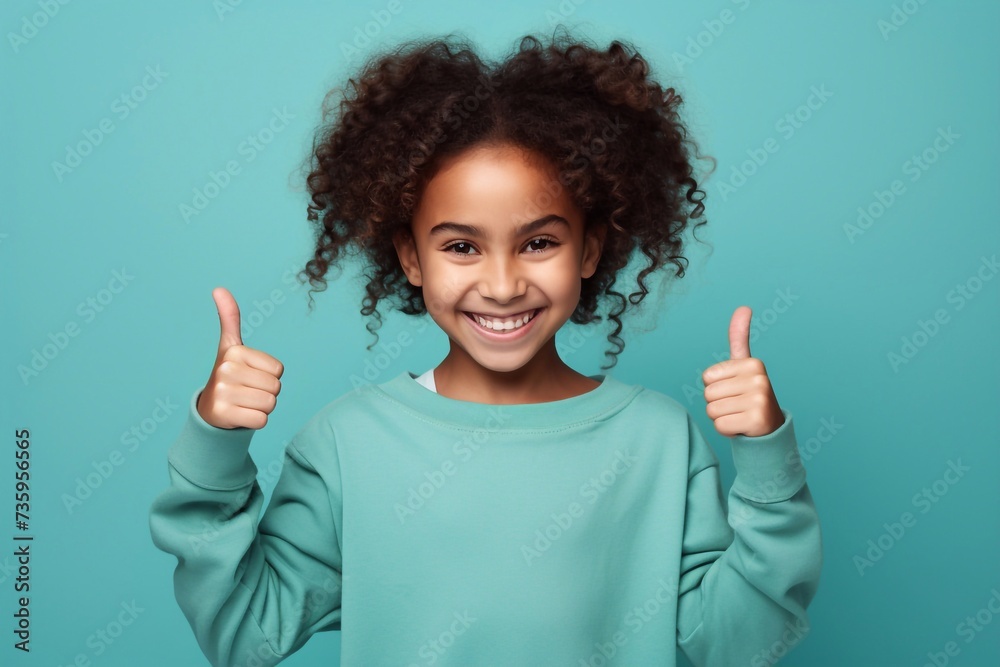 Photo of beautiful brunette cheerful happy young little girl in hoodie, sports warm suit give thumbs up smile recommend isolated on color phone background - obrazy, fototapety, plakaty 