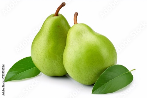 Pears isolated. One and a half green pear fruit with leaf on white background. With clipping path. Full depth of field
