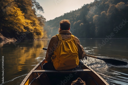  Person dips hand in calm river water sitting in yellow boat. Man enjoys camping and sailing on boat. Guy makes waves on water with hand