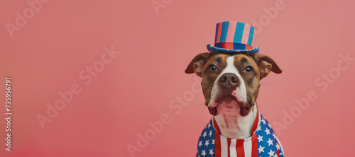 cute dog in a top hat and suit in the colors of the American flag isolated on a pastel pink background.