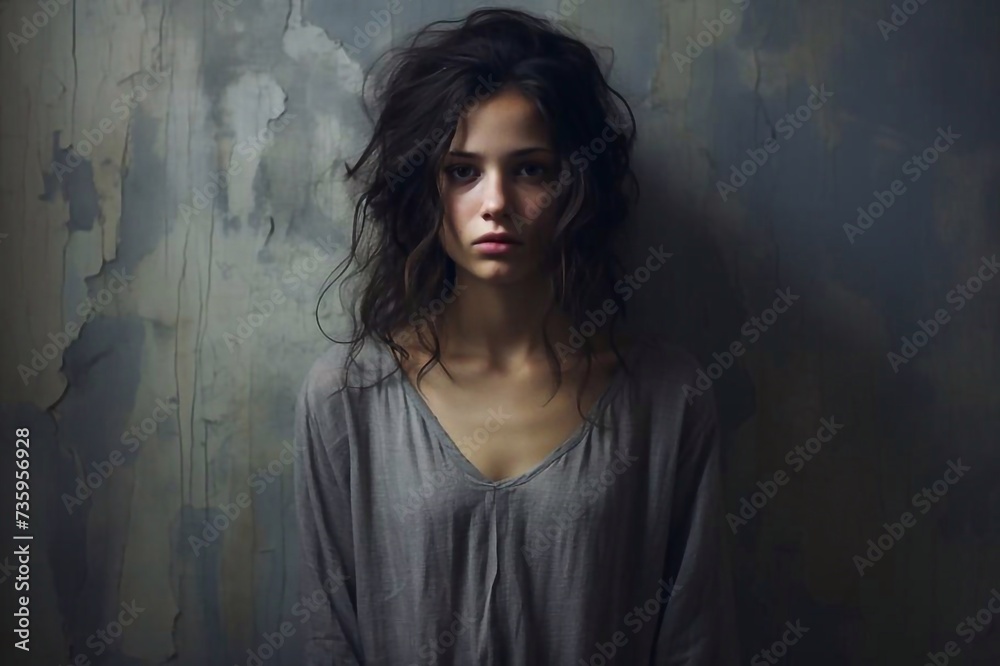 Fototapeta premium Portrait of young sad woman with anxiety disorder, anorexia ans loneliness concept