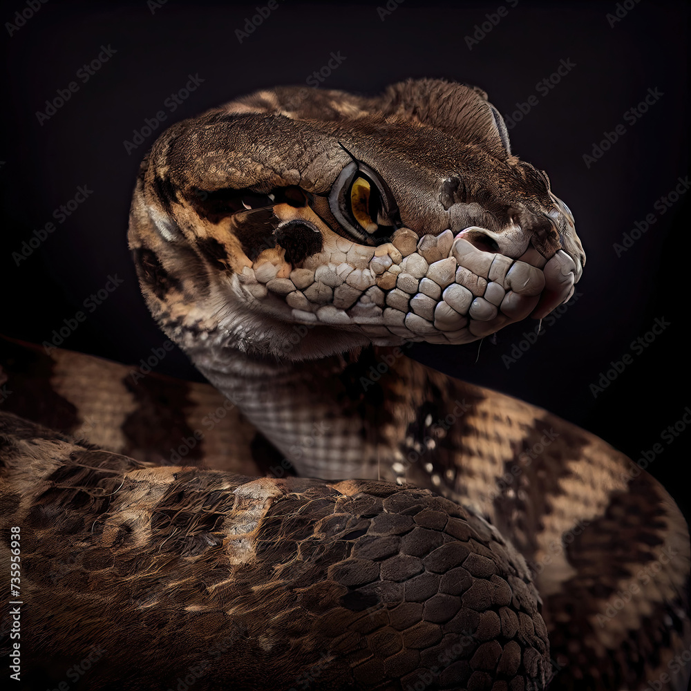 Carpet Viper Close-Up Portrait in Dark Studio Setting Carpet Viper Close-Up Portrait in Dark Studio Setting