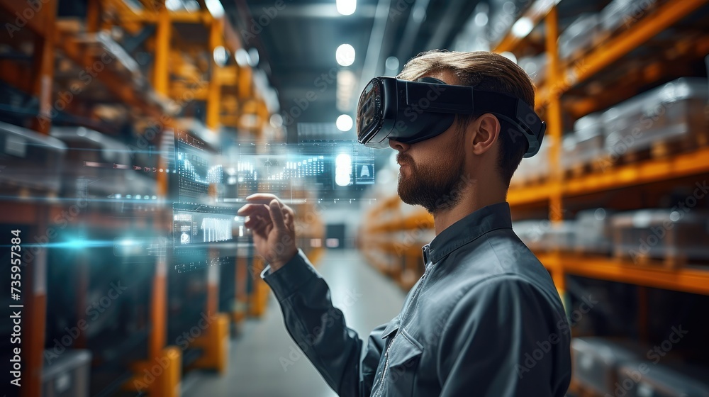 Engineer using smart glasses, Future virtual reality technology for innovative VR warehouse management. Concept of smart technology for automated logistic control. Generative AI.