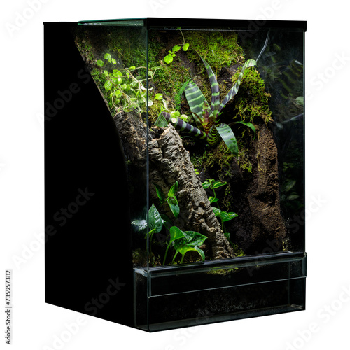 A vibrant and self-contained terrarium ecosystem, featuring diverse plant species and rich soil, encased in a glass structure