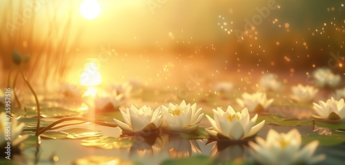 A serene pond adorned with delicate water lilies, their pristine white petals floating gracefully on the shimmering surface, reflecting the golden hues of a setting sun.