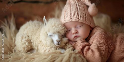 A baby in a peach fuzz knit hat sleeps peacefully beside a white alpaca on a fluffy surface  epitomizing innocence and calmness. pure and gentle bonds between children and animals.