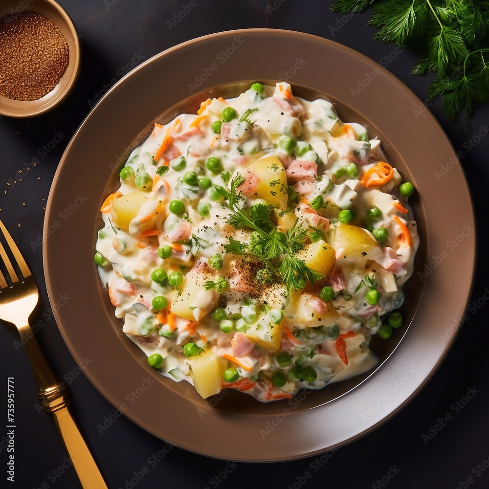 Salad Olivier with mayonnaise on plate. Above view. Copy space for text Salad Olivier with mayonnaise on plate. Above view. Copy space for text