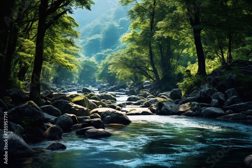 Charming  clean and transparent. River flow in the mountains. Stream of a mountain river in the forest