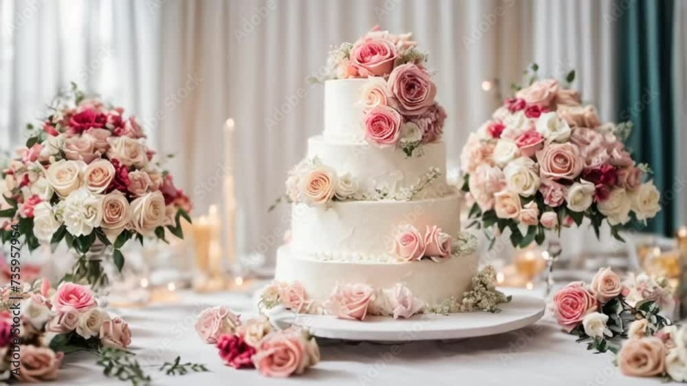 Gorgeous wedding cake with roses on the table Gorgeous wedding cake with roses on the table