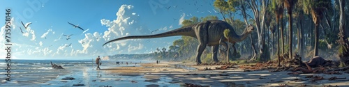 A bustling shoreline during the age of dinosaurs, with colossal sauropods wading through shallow water photo
